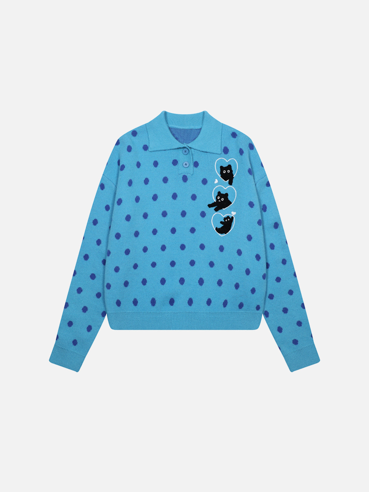Heart Cat Graphic Polka-Dot Polo Collar Cropped Knit Sweater