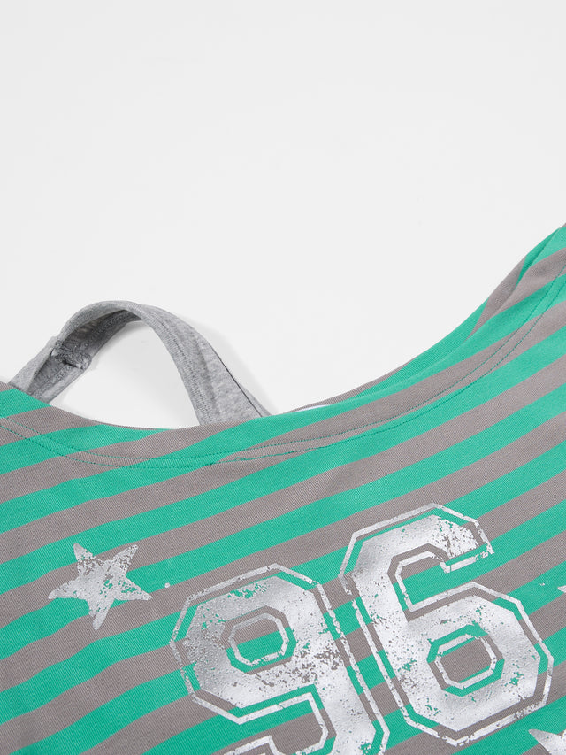 Off-Shoulder Striped Number Print Long-Sleeve Top