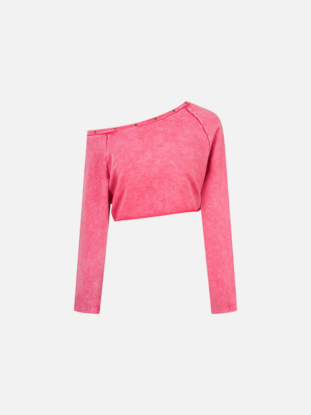 Studded Asymmetrical Off-Shoulder Cropped Long-Sleeve Sweatshirt