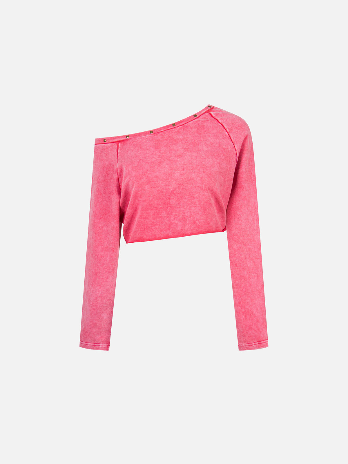 Studded Asymmetrical Off-Shoulder Cropped Long-Sleeve Sweatshirt