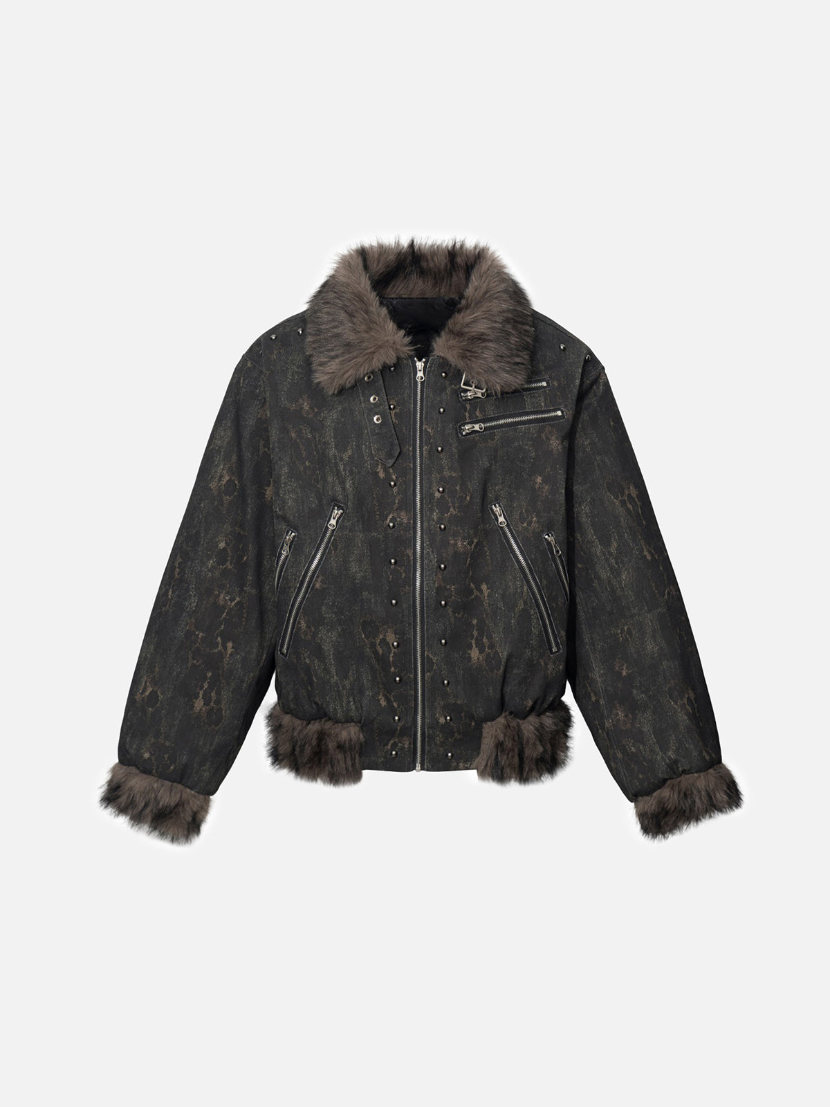 Studded Faux-Fur Trim Multi-Zip Buckled Boxy Bomber Jacket