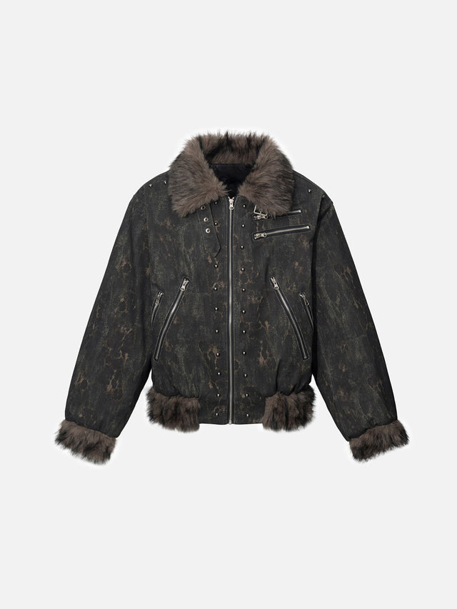 Studded Faux-Fur Trim Multi-Zip Buckled Boxy Bomber Jacket