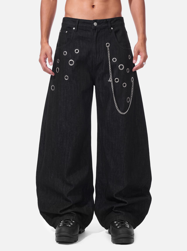 Eyelet-Embellished Chain Detail Baggy Jeans