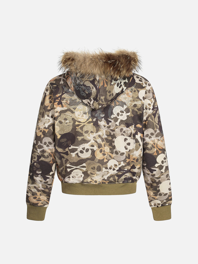 Skull Camo Fur-Trim Boxy Zip-Up Hoodie