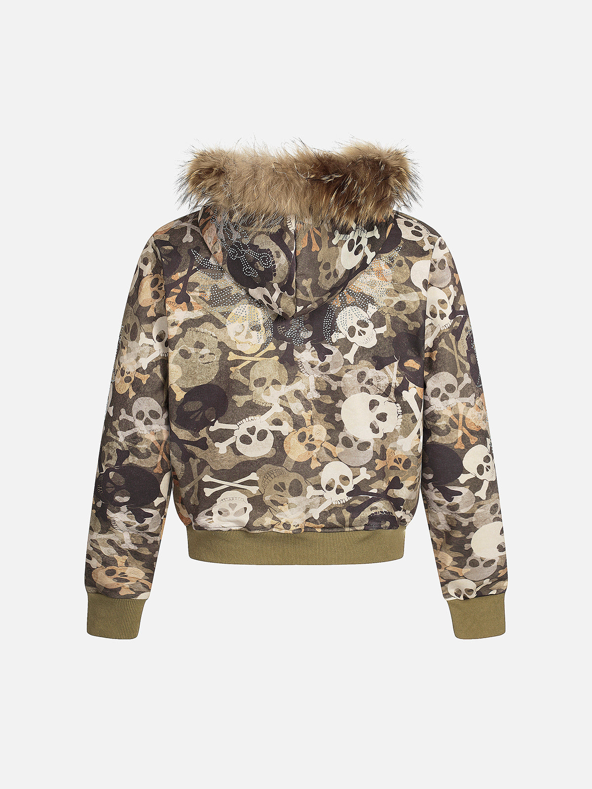 Skull Camo Fur-Trim Boxy Zip-Up Hoodie