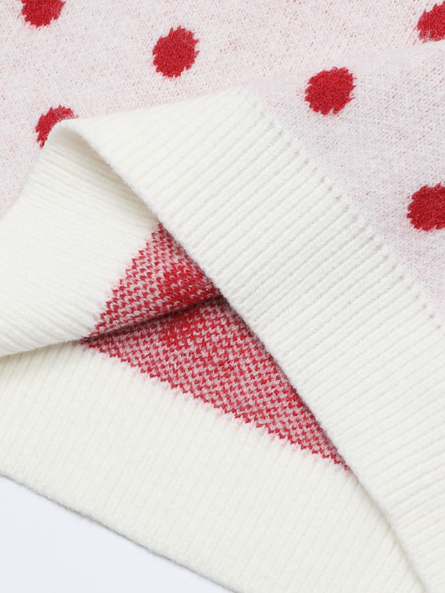 Heart Cat Graphic Polka-Dot Polo Collar Cropped Knit Sweater