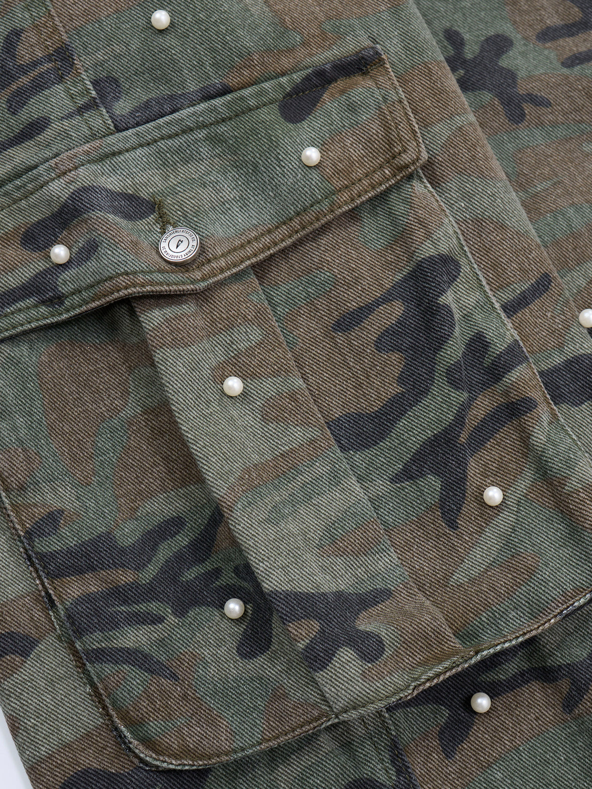 Pearl-Embellished Camo Baggy Cargo Jeans