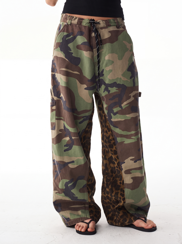 Camo & Leopard Panelled Baggy Barrel Carpenter Pants