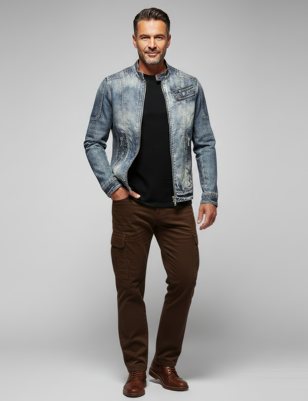 Men's Stand Collar Zipper Jacket Cycling Motorcycle Suit Trendy Denim Jacket