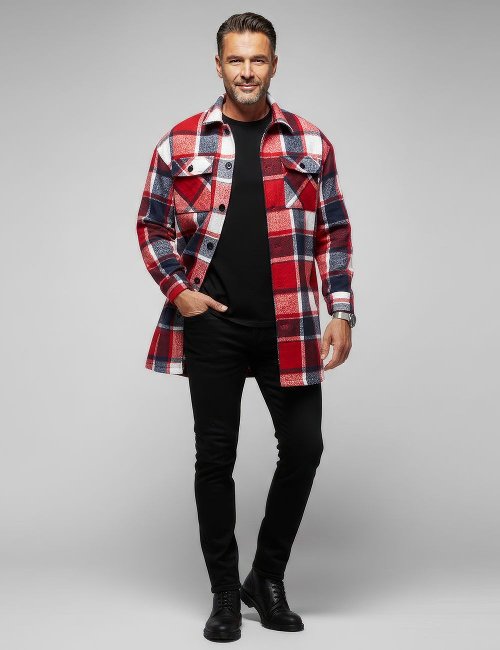 Men's Long Button-Down Pocket Trench Coat Shirt