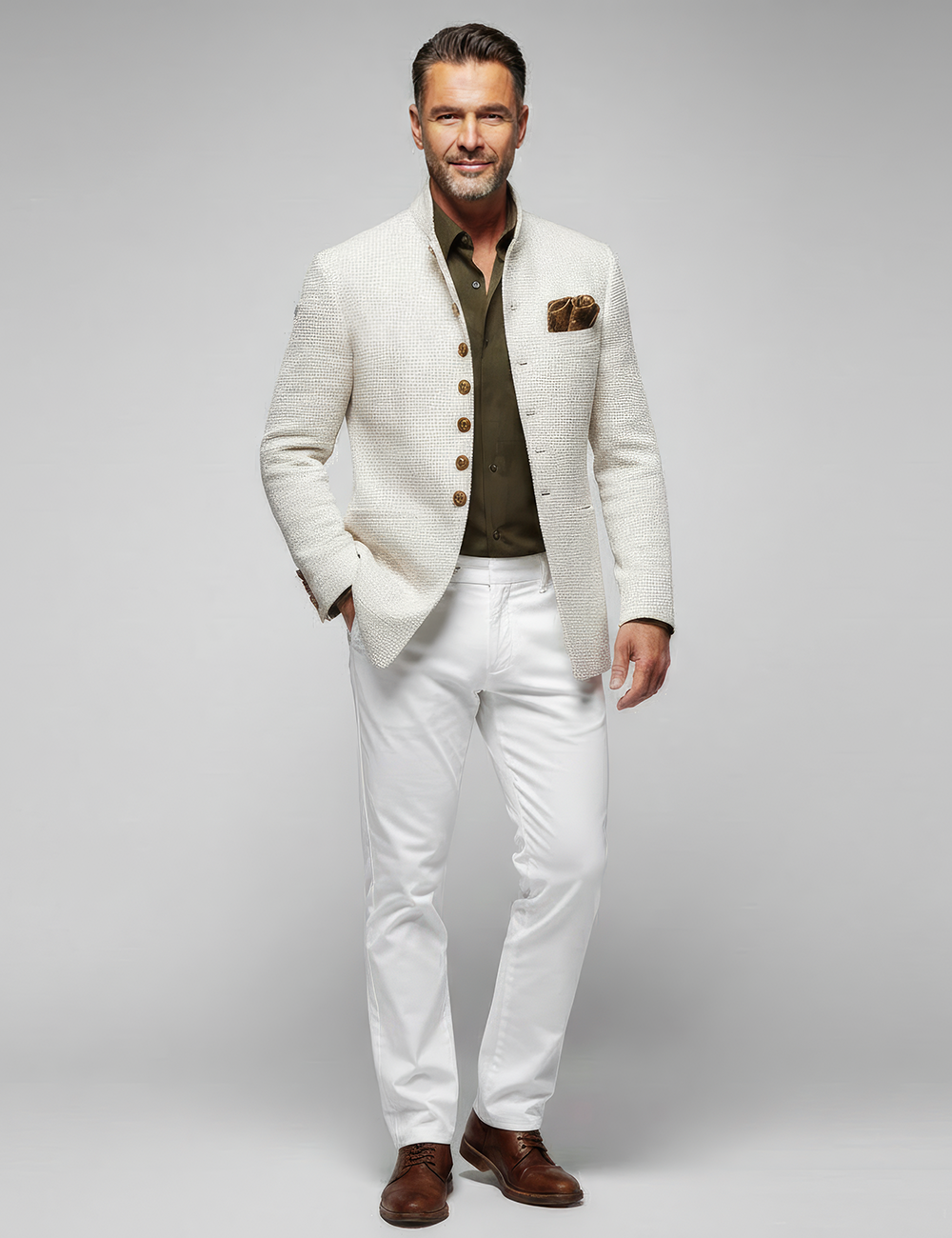 Men's Casual Stand Collar Slim Fit Button-Down Flap Pocket Suit Jacket