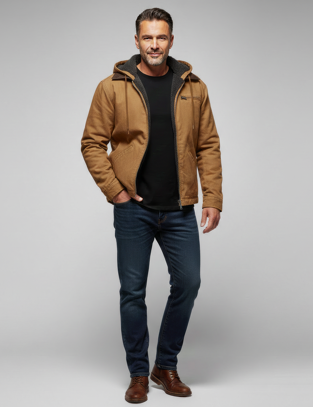 Men's Stand Up Collar Hooded Cotton Fleece Lined Zip Up Pocket Jacket