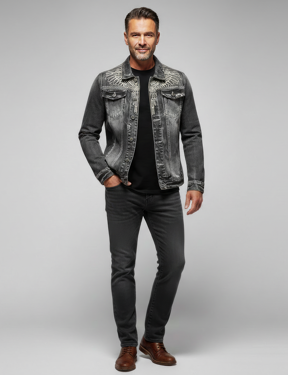 Men's European And American High End Distinctive Embroidery Motorcycle Denim Jacket
