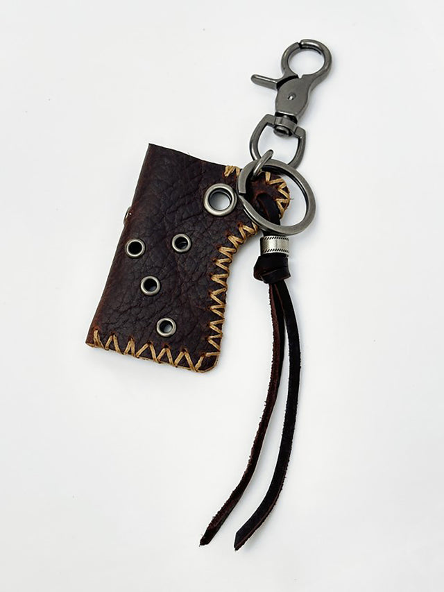Grommet Studded Hand-Stitched Leather Pouch Swivel Clip Keychain