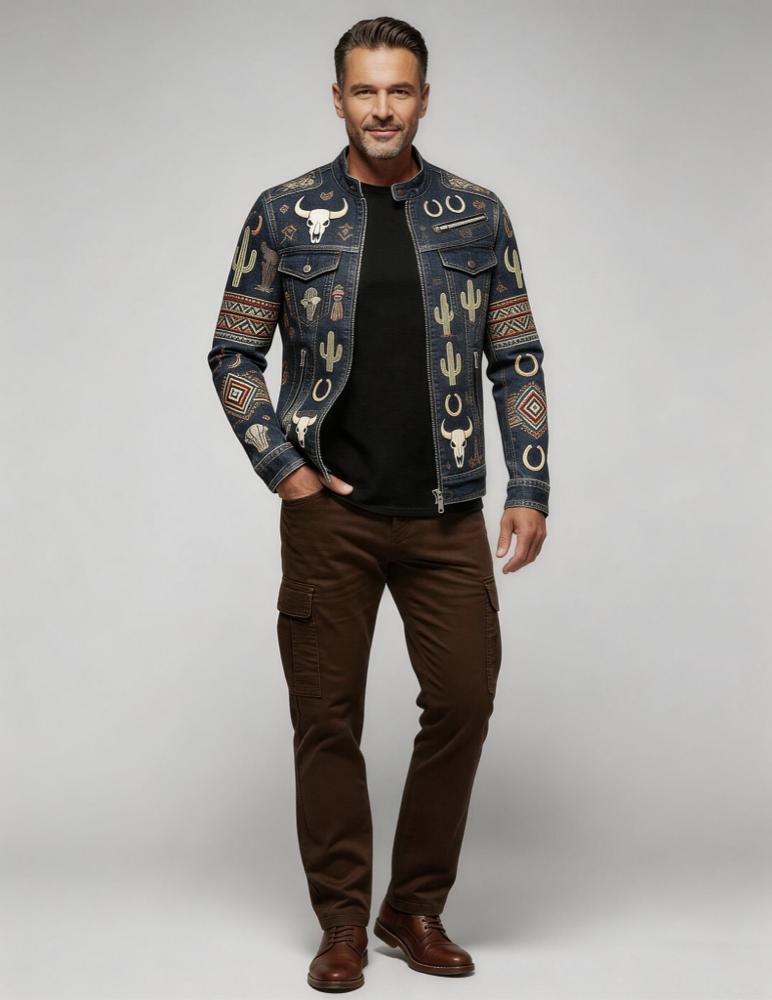 Men's Stand Collar Zipper Jacket Cycling Motorcycle Suit Trendy Denim Jacket