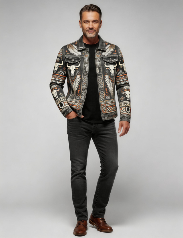 Men's European And American High End Distinctive Embroidery Motorcycle Denim Jacket
