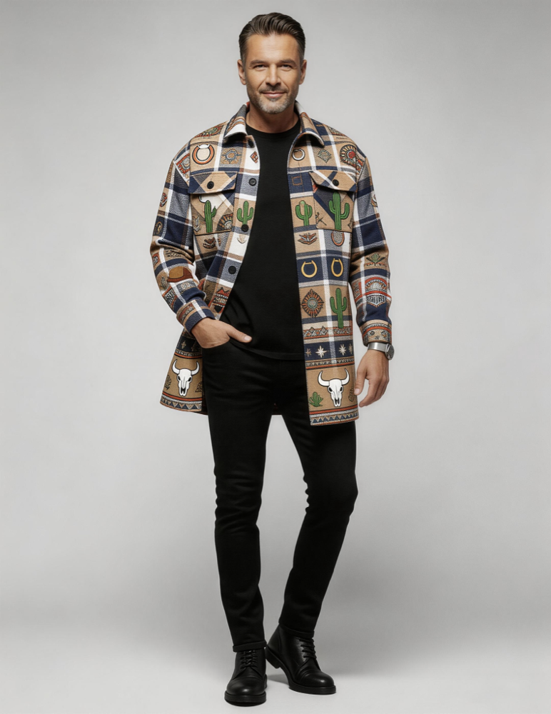 Men's Long Button-Down Pocket Trench Coat Shirt