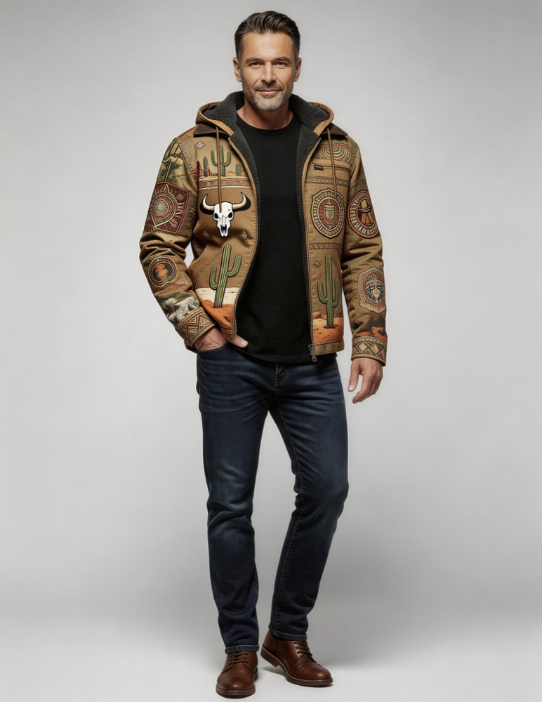 Men's Stand Up Collar Hooded Cotton Fleece Lined Zip Up Pocket Jacket