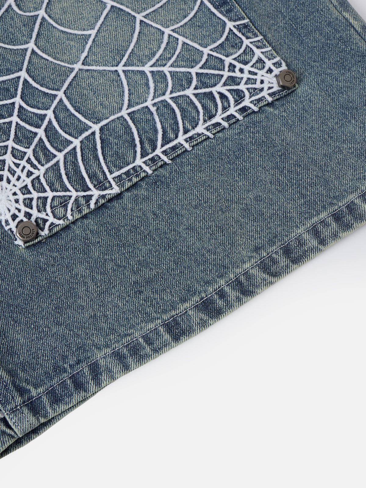 Spiderweb-Embroidered Double-Knee Denim Shorts