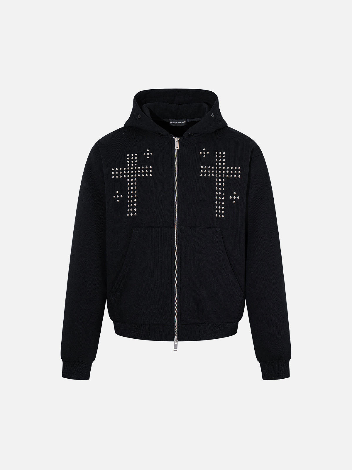 Faux-Fur Trim Rhinestone Cross Boxy Zip-Up Hoodie