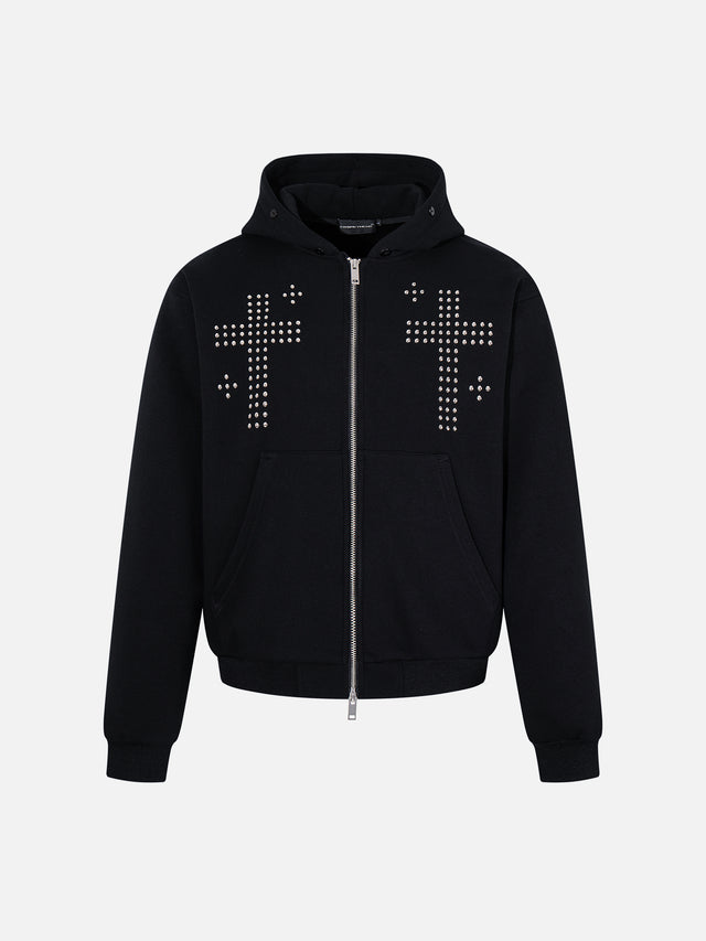 Faux-Fur Trim Rhinestone Cross Boxy Zip-Up Hoodie
