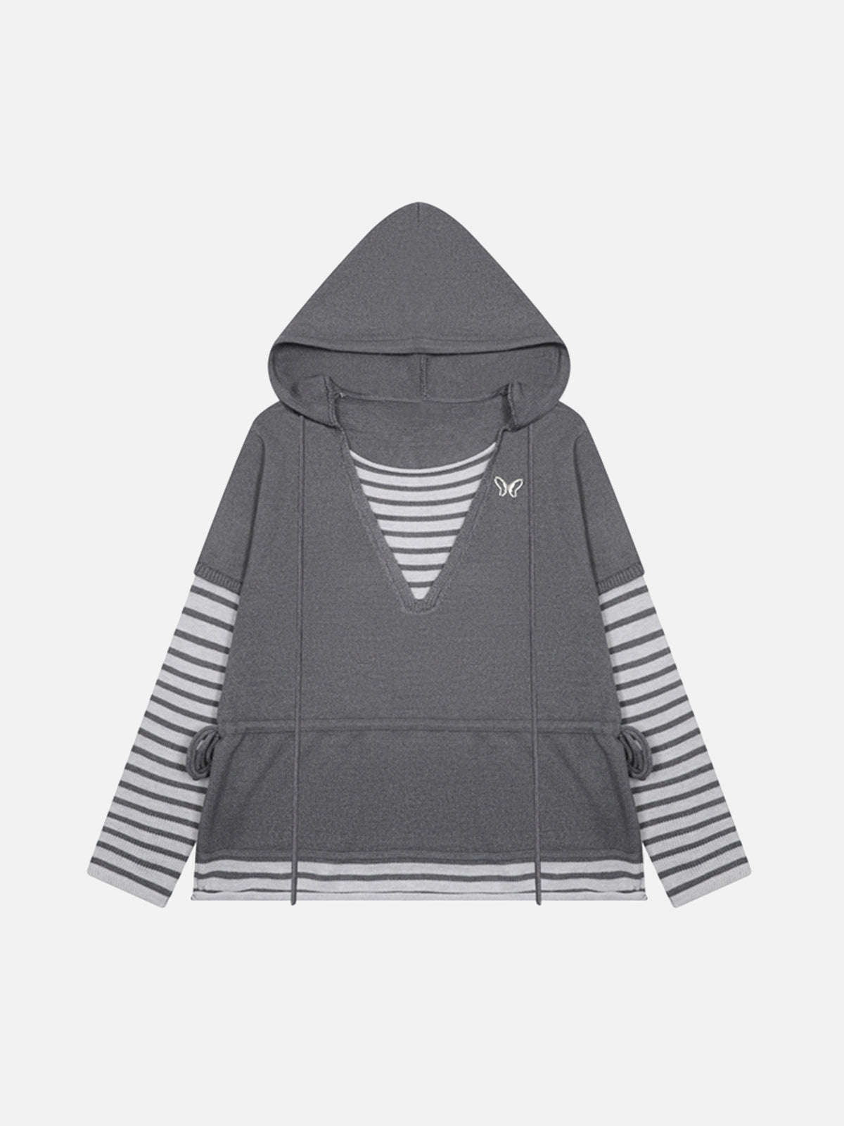 Butterfly Embroidery Striped Double-Layer V-Neck Oversized Knit Hoodie