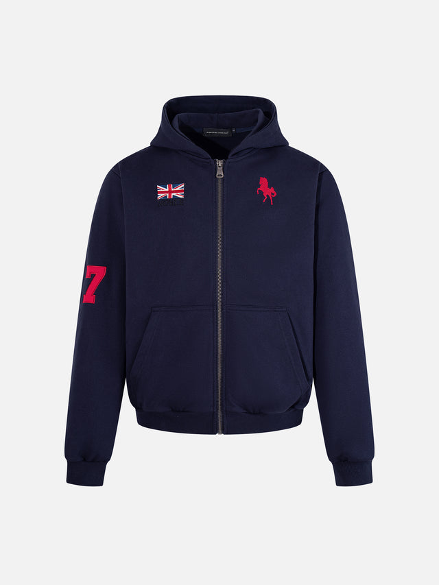 Number and Flag Embroidered Boxy Zip-Up Hoodie