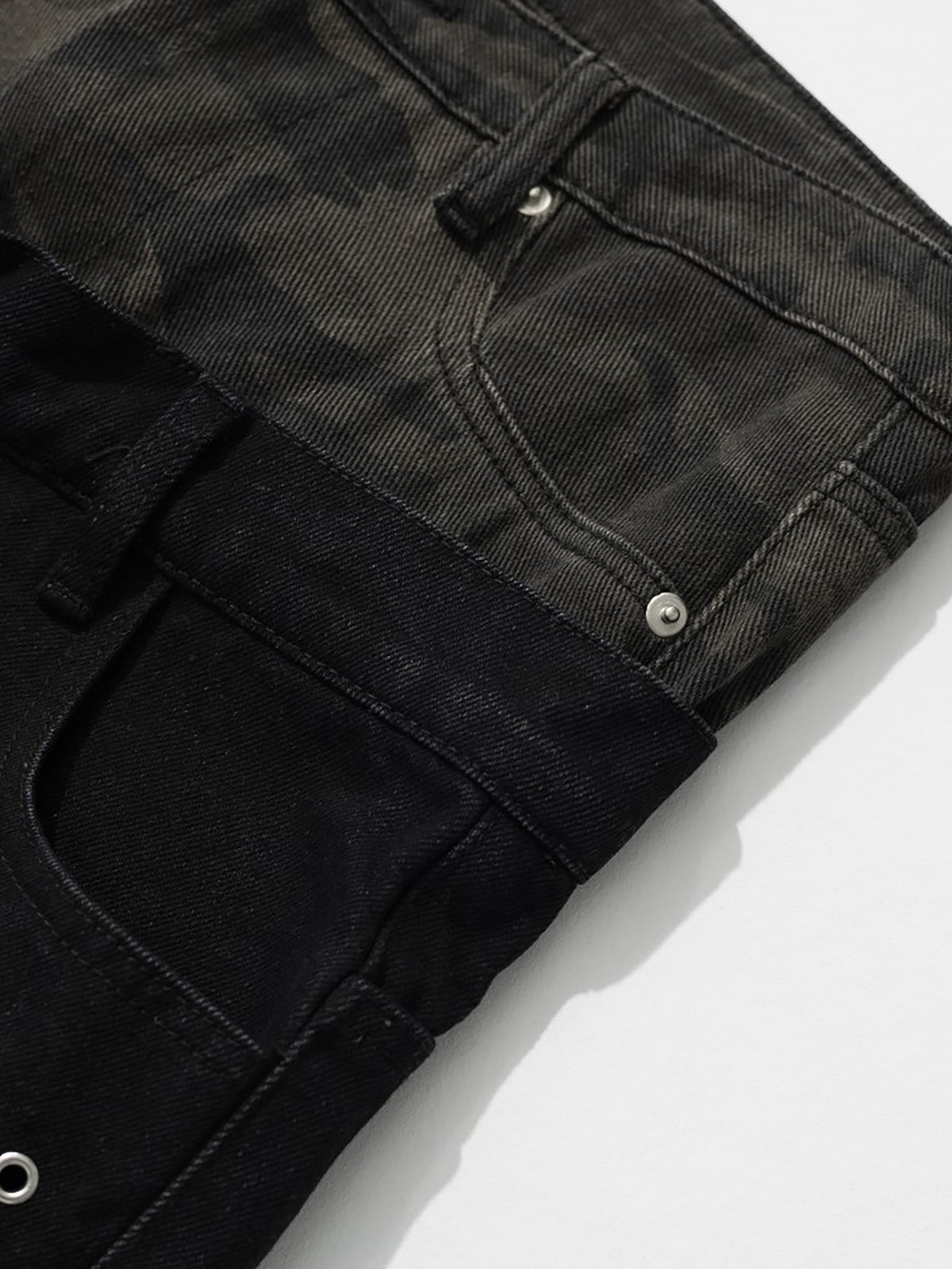 Double-Waistband Camouflage-Panel Grommet Studded Straight Jeans