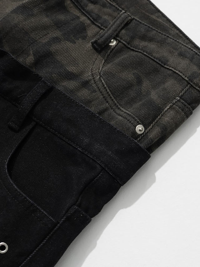 Double-Waistband Camouflage-Panel Grommet Studded Straight Jeans