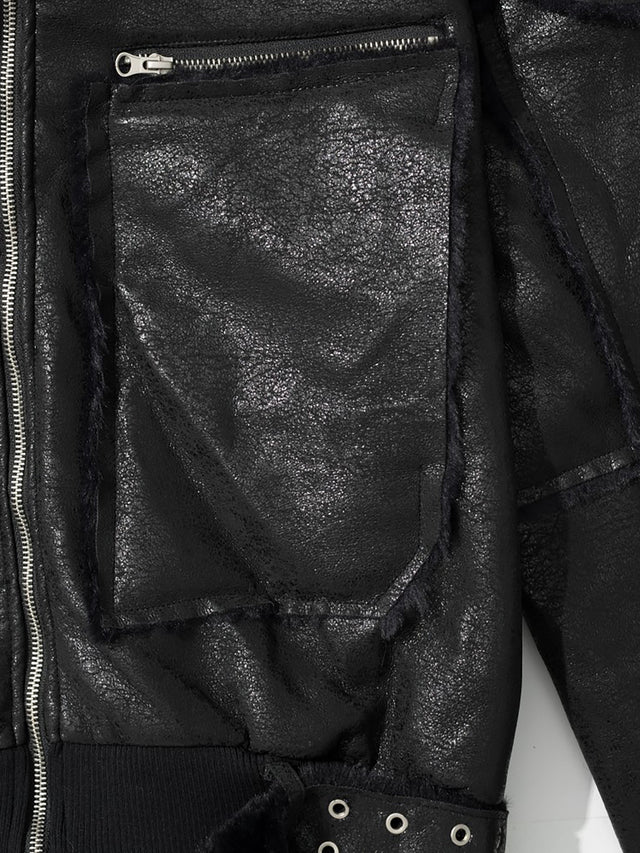 Faux-Fur Trim Hooded Eyelet-Belted Faux-Leather Boxy Moto Jacket
