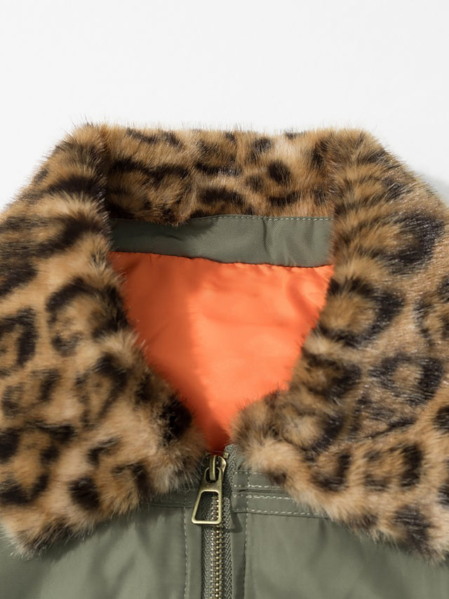 Leopard Faux-Fur Collar Hussar Military Button Boxy Bomber Jacket