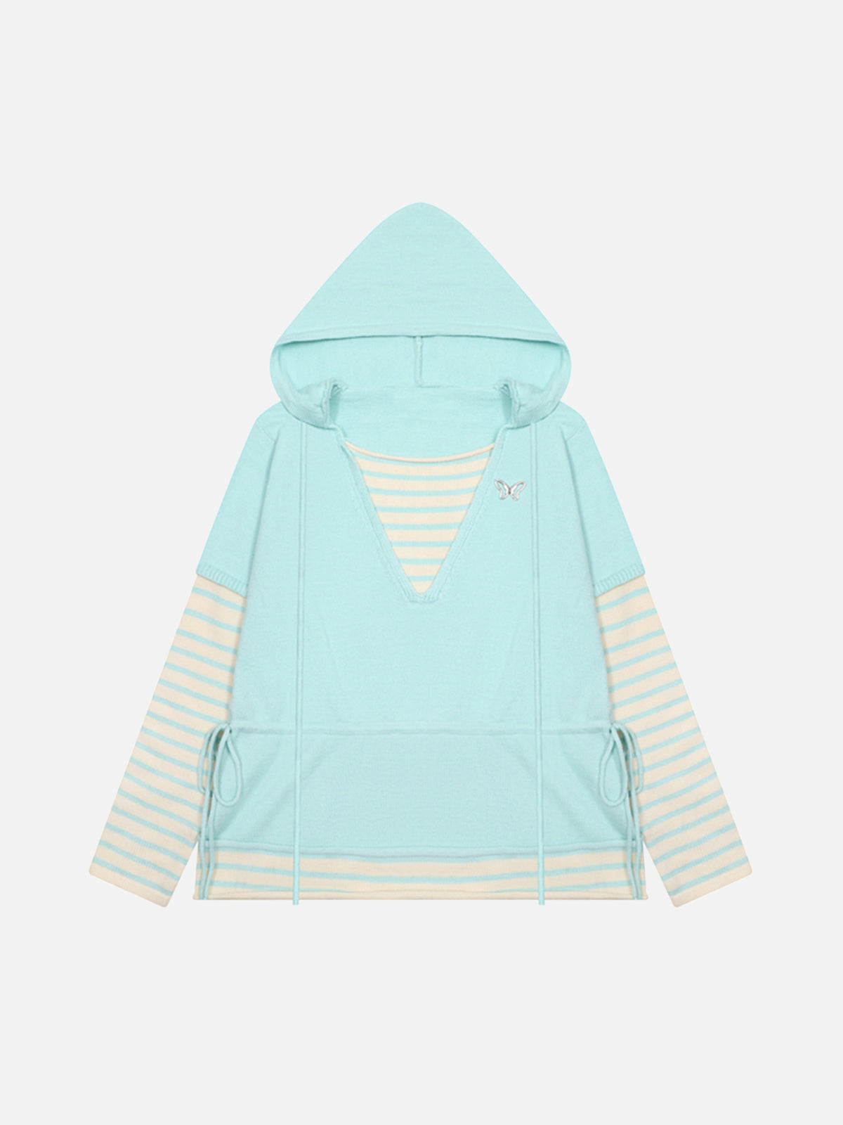 Butterfly Embroidery Striped Double-Layer V-Neck Oversized Knit Hoodie