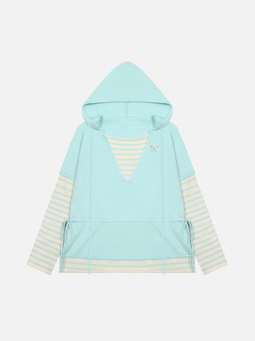 Butterfly Embroidery Striped Double-Layer V-Neck Oversized Knit Hoodie