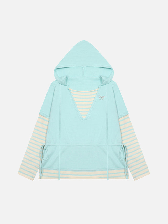 Butterfly Embroidery Striped Double-Layer V-Neck Oversized Knit Hoodie
