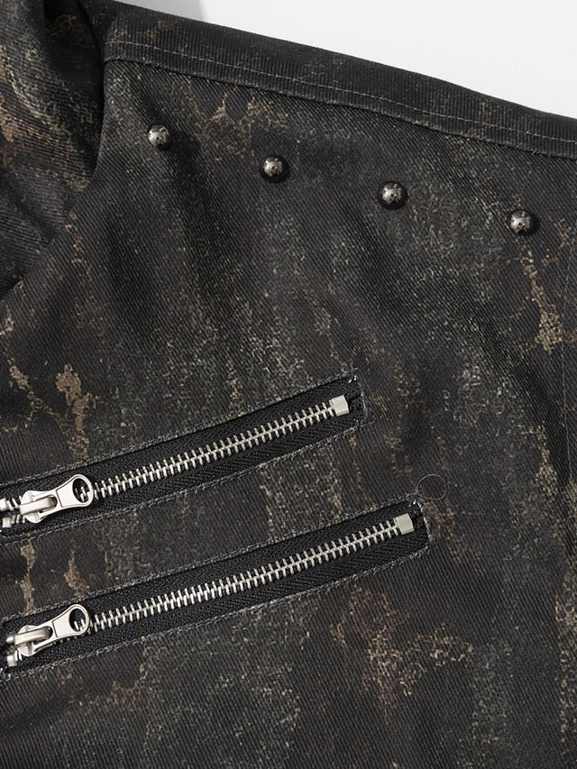 Studded Faux-Fur Trim Multi-Zip Buckled Boxy Bomber Jacket