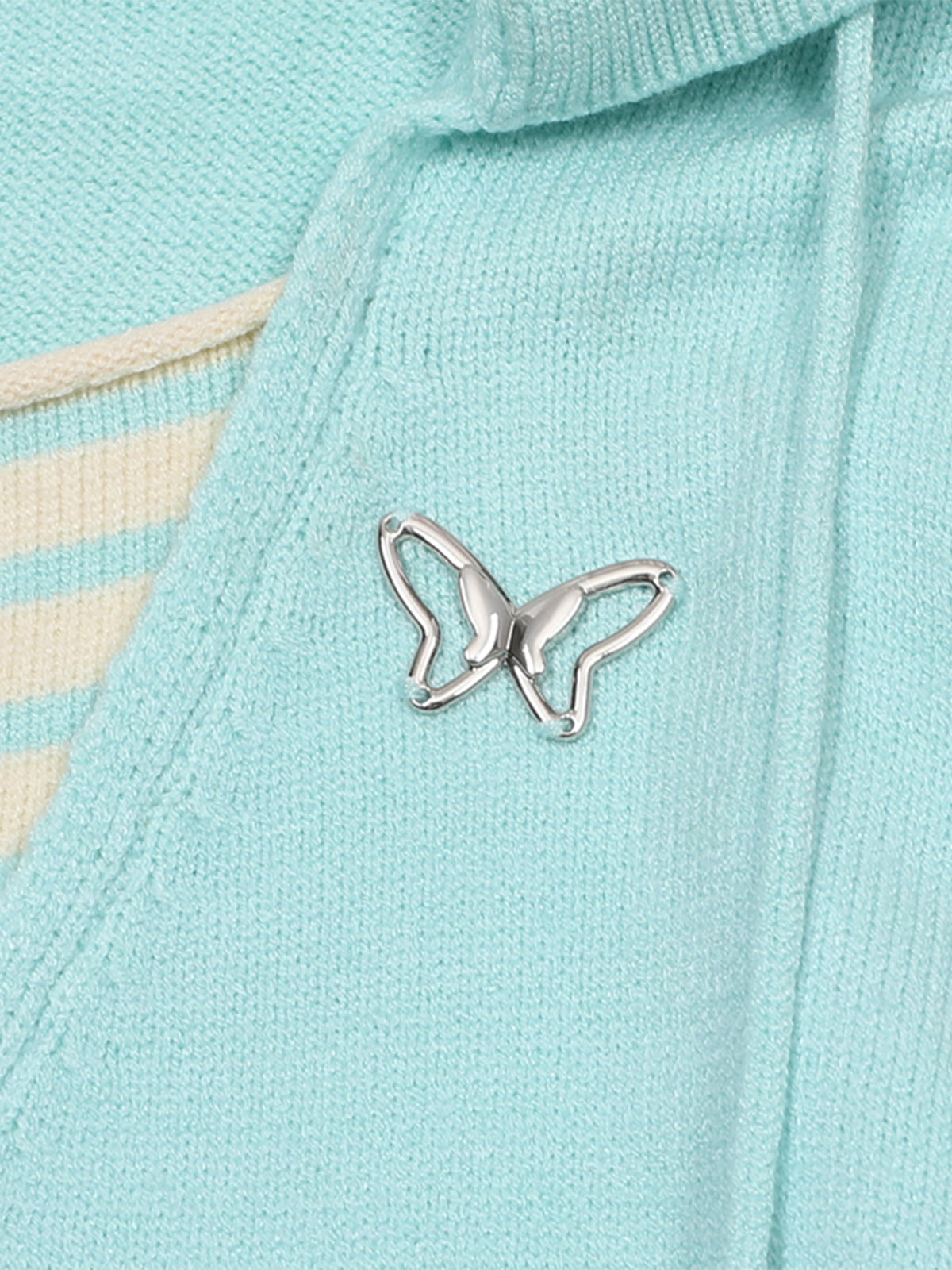 Butterfly Embroidery Striped Double-Layer V-Neck Oversized Knit Hoodie