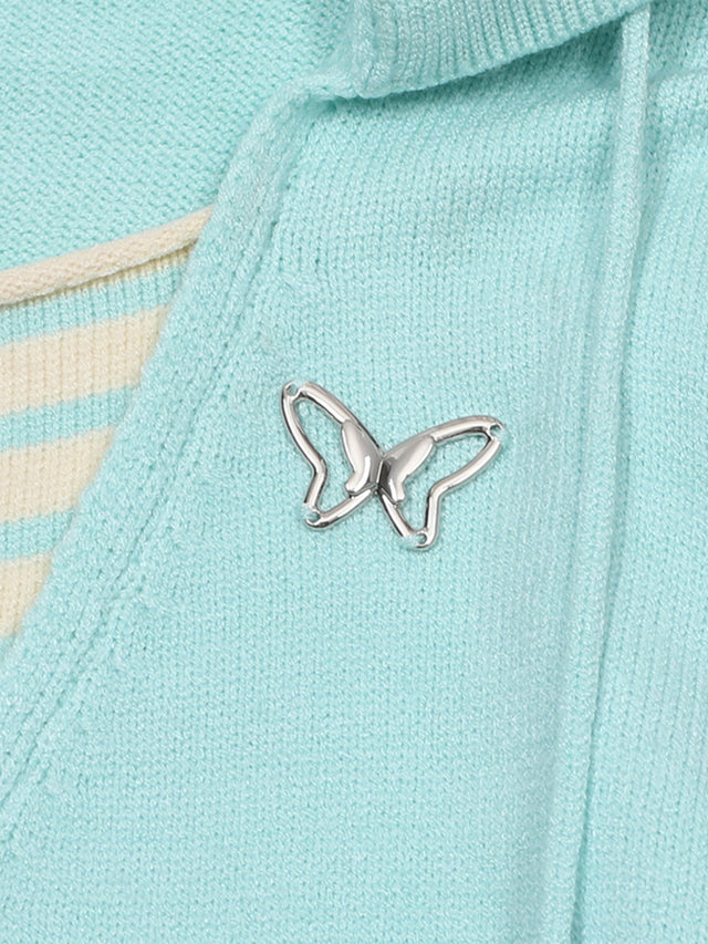 Butterfly Embroidery Striped Double-Layer V-Neck Oversized Knit Hoodie