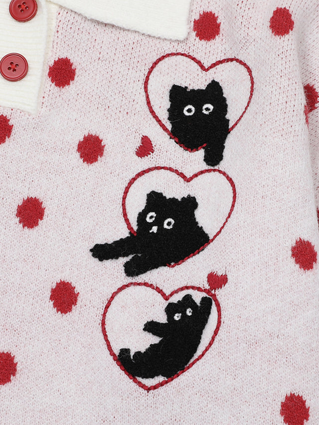 Heart Cat Graphic Polka-Dot Polo Collar Cropped Knit Sweater