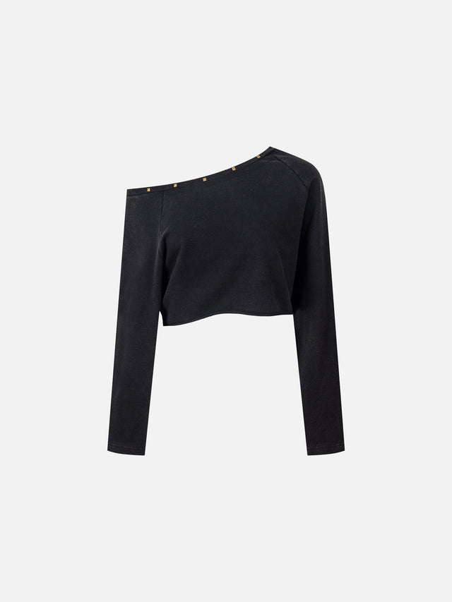 Studded Asymmetrical Off-Shoulder Cropped Long-Sleeve Sweatshirt