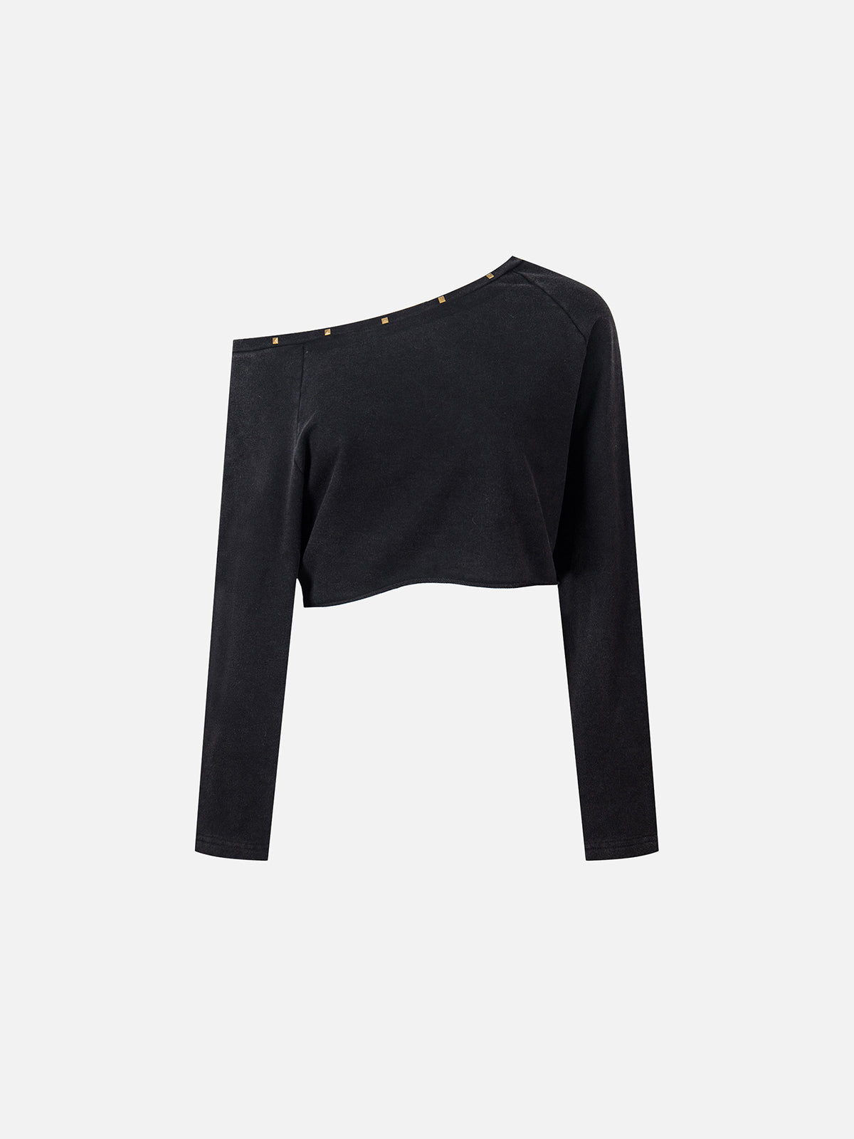 Studded Asymmetrical Off-Shoulder Cropped Long-Sleeve Sweatshirt