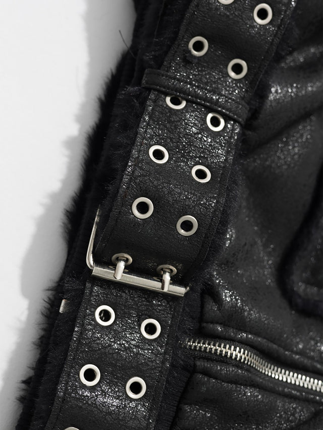 Faux-Fur Trim Hooded Eyelet-Belted Faux-Leather Boxy Moto Jacket