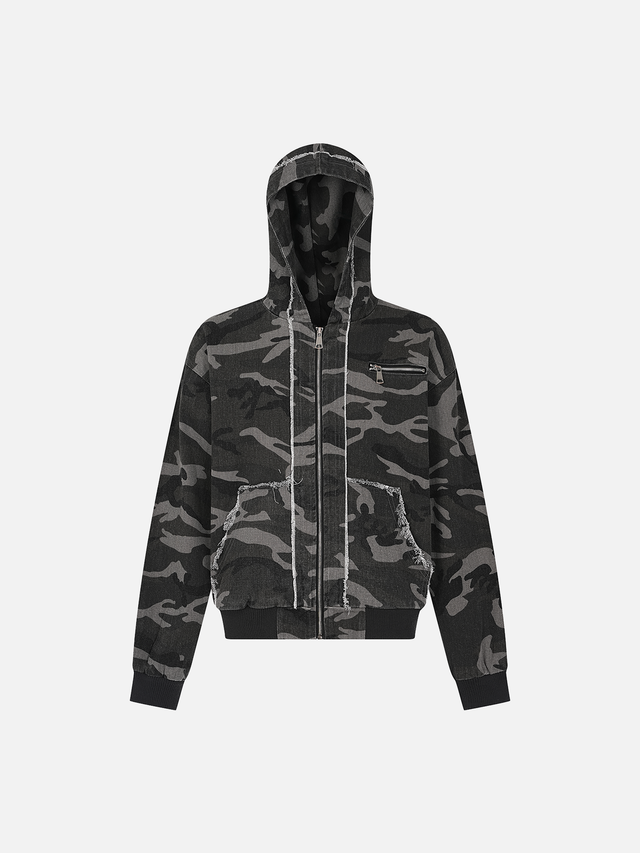Raw-Edge Seam Camouflage Multi-Zip Oversized Denim Hoodie