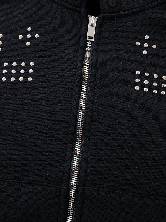 Faux-Fur Trim Rhinestone Cross Boxy Zip-Up Hoodie