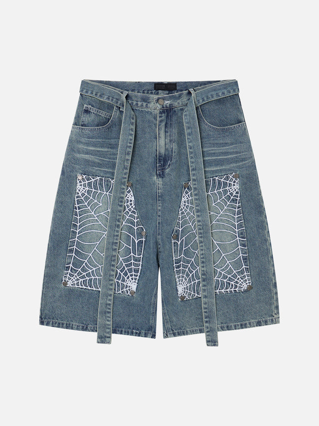Spiderweb-Embroidered Double-Knee Denim Shorts