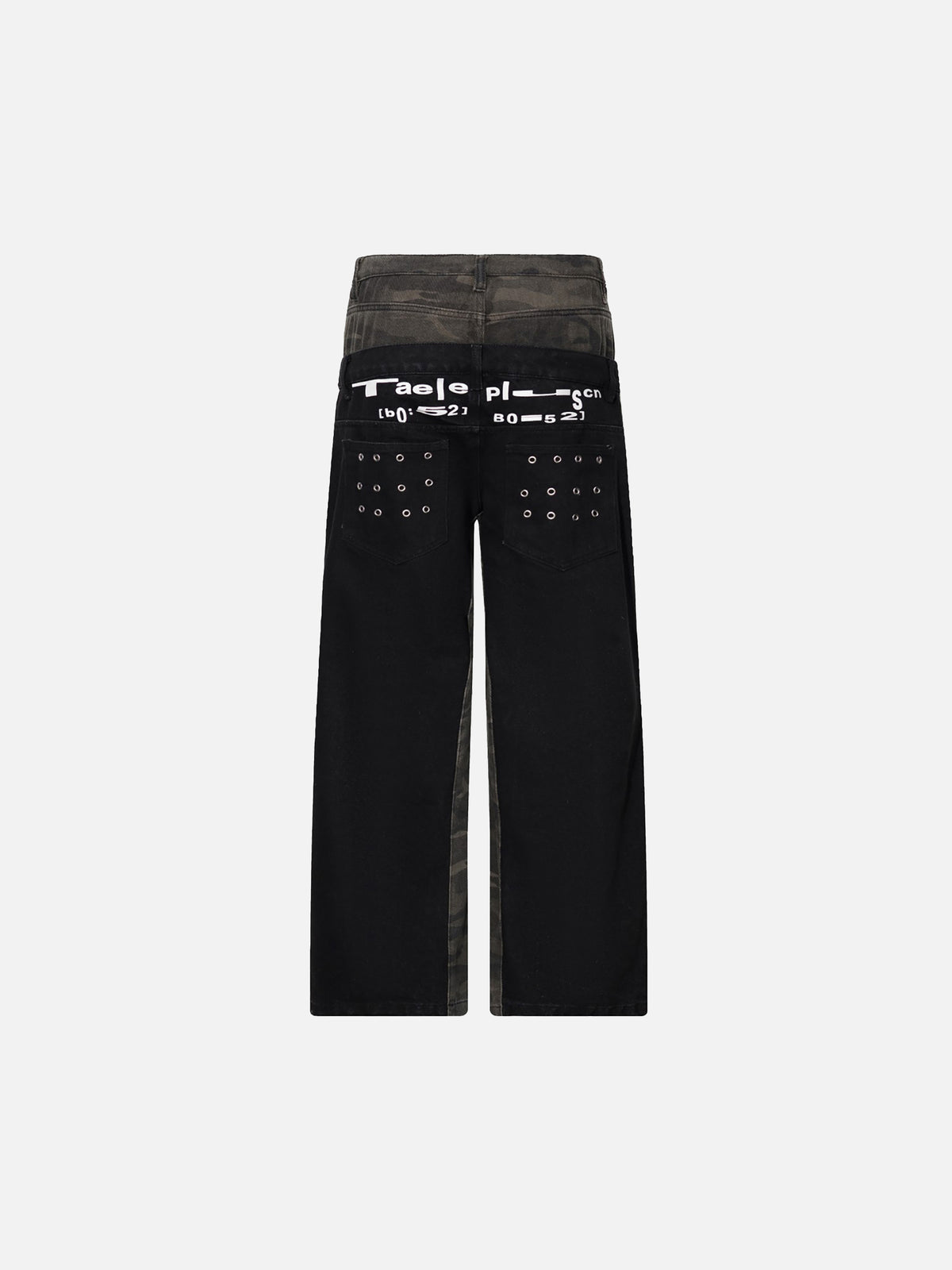Double-Waistband Camouflage-Panel Grommet Studded Straight Jeans