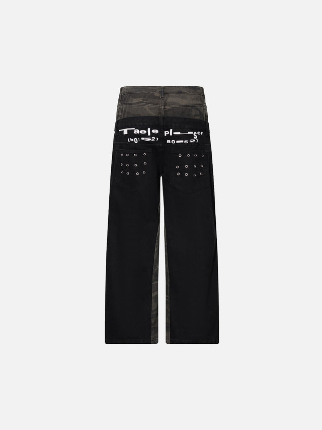 Double-Waistband Camouflage-Panel Grommet Studded Straight Jeans